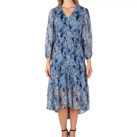 Joie Plus Size Parisian Paisley Blue V Neck Tiered Midi High Low Dress XXL NEW - Picture 1 of 12